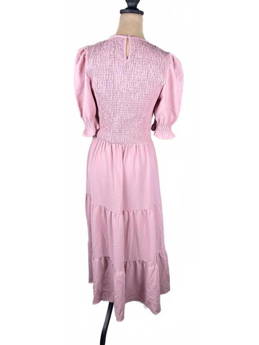 BTFBM Pink Conservative Smocked Puff Sleeve Maxi Dress Medium - Picture 3 of 6